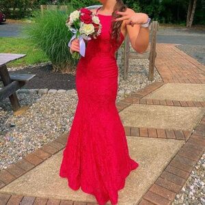 La Femme Red Lace Mermaid Gown – Worn Once, Size 2